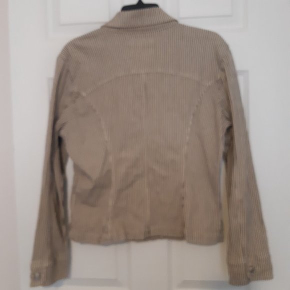 Live a Little Khaki Beige and Navy Pinstripe Stretch Jean Jacket with Pockets - Picture 3 of 10
